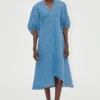 VOLUME SLEEVES MIDI DRESS - DENIM BLUE